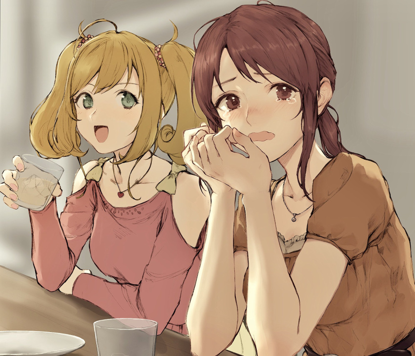 2girls :d ahoge alcohol bangs bare_shoulders blouse blush brown_eyes brown_hair collarbone counter cup glass green_eyes heart heart_necklace highres holding holding_cup ice ice_cube idolmaster idolmaster_cinderella_girls idolmaster_cinderella_girls_starlight_stage jewelry kouzuki_kei light_brown_hair long_hair long_sleeves mifune_miyu multiple_girls nail_polish necklace open_mouth pink_nails plate ponytail satou_shin short_sleeves shoulder_cutout sitting smile swept_bangs tearing_up twintails upper_body wavy_mouth