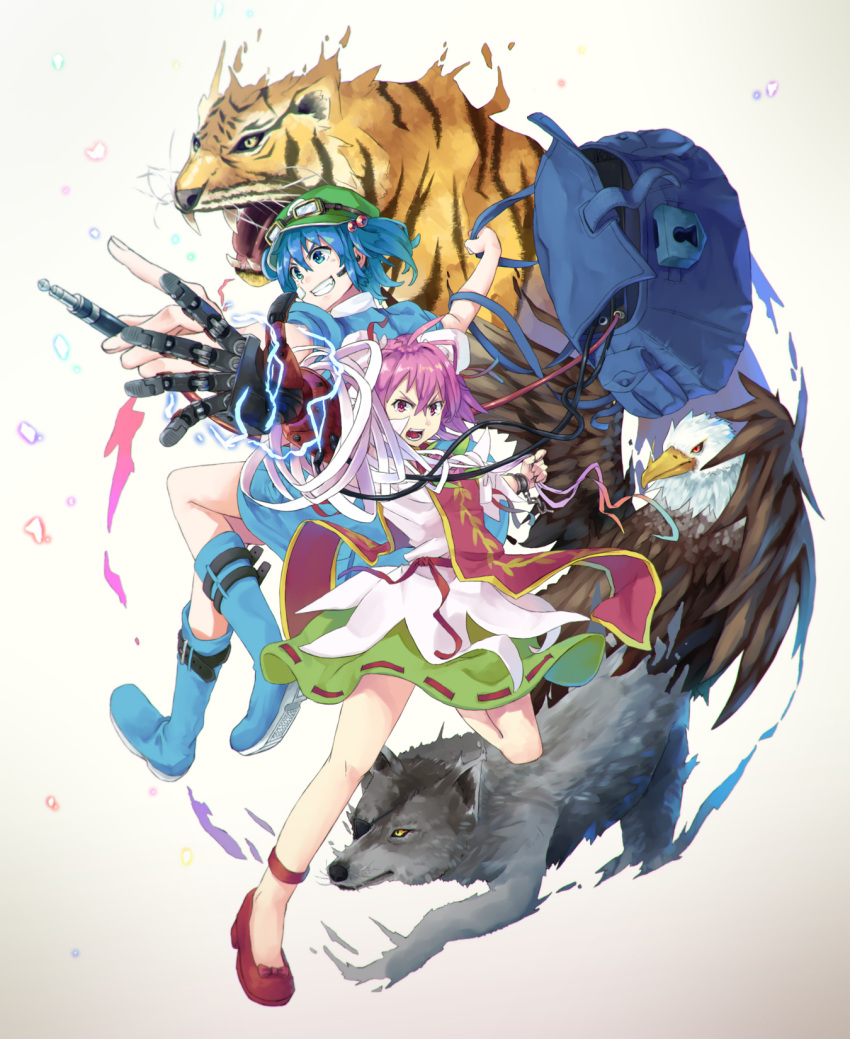 2girls animal aqua_eyes backpack bag bandage battery belt bird blue_footwear blue_hair blue_shirt blue_skirt boots bow bun_cover cable chains cuffs double_bun eagle eyepatch goggles goggles_on_head green_skirt grin hair_between_eyes hair_bobbles hair_ornament headset highres ibaraki_kasen kawashiro_nitori lock looking_at_viewer mechanical_arm microphone miniskirt multiple_girls mumyuu outstretched_arms padlock pink_eyes pink_hair red_bow red_eyes red_footwear red_ribbon ribbon ribbon-trimmed_skirt ribbon_trim rubber_boots serious shirt shoe_bow shoes short_sleeves skirt smile tabard teeth tiger touhou white_shirt wolf yellow_eyes