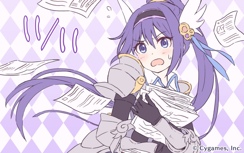 1girl arm_guards black_gloves cygames gloves headband highres official_art paper ponytail princess_connect! princess_connect!_re:dive purple_hair shoulder_armor solo source_request violet_eyes