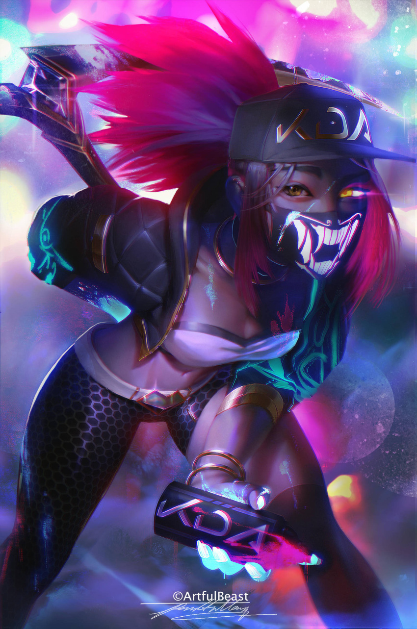 1girl absurdres akali arm_behind_back asymmetrical_clothes baseball_cap belt belt_buckle bent_over breasts buckle cleavage covered_mouth cropped_jacket downblouse face_mask glowing glowing_eye hat heterochromia highres holding holding_weapon huge_weapon idol jacket k/da_(league_of_legends) k/da_akali kama_(weapon) league_of_legends long_hair looking_at_viewer mask medium_breasts midriff open_clothes open_jacket over-kneehighs paul_nong pink_hair ponytail sickle single_pantsleg single_thighhigh solo spray_can thigh-highs weapon yellow_eyes