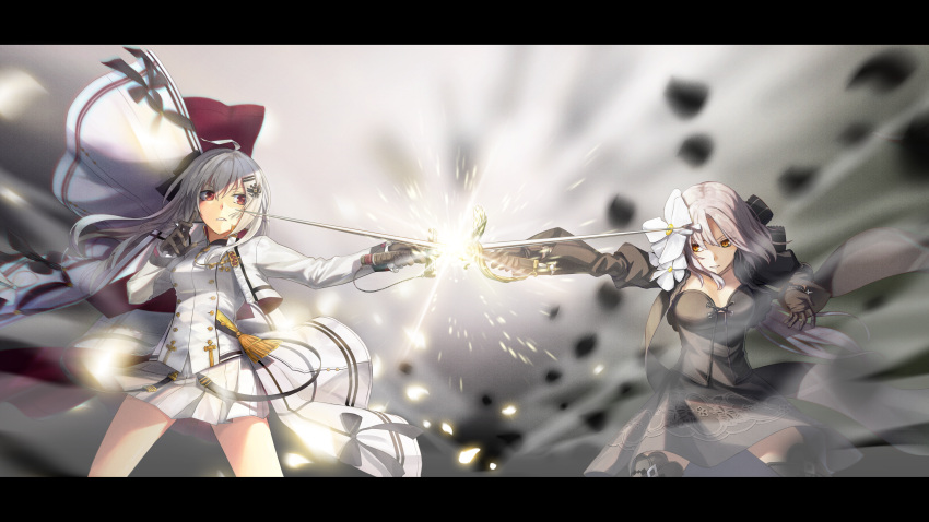 2girls absurdres ahoge bangs black_bow black_dress black_gloves bow breasts buttons cleavage collarbone cross-laced_clothes crown double-breasted dress duel eyebrows_visible_through_hair eyes_visible_through_hair fighting flower frilled_sleeves frills girls_frontline gloves hair_between_eyes hair_flower hair_ornament hair_ribbon hairclip highres huge_filesize iws-2000_(girls_frontline) jacket long_hair long_sleeves military military_uniform multiple_girls open_mouth orange_eyes pleated_skirt rapier red_eyes ribbon shirt sidelocks silver_hair skirt sparks steyr_aug_(girls_frontline) strap sword tassel thigh-highs uniform vikpie weapon