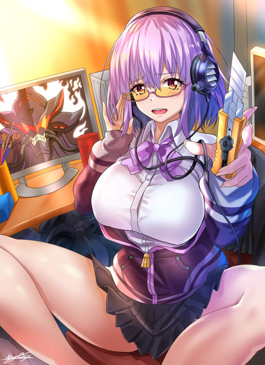 1girl absurdres adjusting_eyewear alexis_(ssss.gridman) bare_legs black_skirt bow boxcutter breasts chair collared_shirt dress_shirt eyebrows_visible_through_hair glasses headphones highres indoors jacket large_breasts lavender_hair long_sleeves looking_at_viewer miniskirt monitor nez-kun off_shoulder office_chair open_mouth pink-framed_eyewear pleated_skirt purple_bow purple_jacket purple_neckwear semi-rimless_eyewear shinjou_akane shirt skirt sleeves_past_wrists smile spread_legs ssss.gridman thighs under-rim_eyewear white_shirt zipper_pull_tab