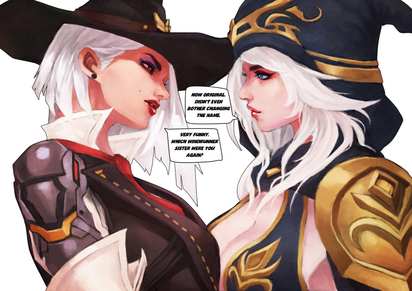 2girls absurdres ashe_(league_of_legends) ashe_(overwatch) asymmetrical_hair blue_eyes breast_press breasts cleavage commentary confrontation cowboy_hat crossover english english_commentary eye_contact eyelashes eyeshadow hat head_tilt high_collar highres hood league_of_legends lips lipstick look-alike looking_at_another makeup medium_hair mole_above_mouth monori_rogue multiple_girls namesake nose overwatch red_eyes single_pauldron symmetrical_docking white_hair