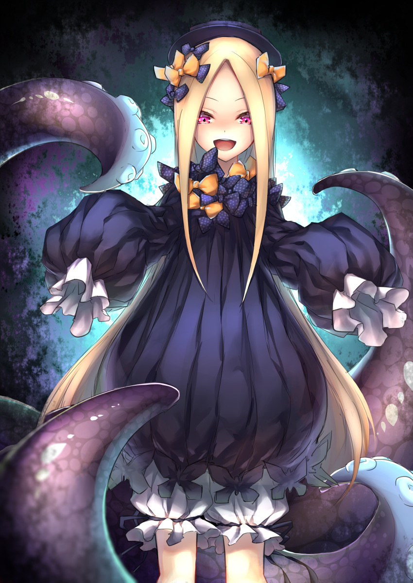 abigail_williams_(fate/grand_order) absurdres artist_request bangs black_bow black_dress black_hat blonde_hair bow dress fate/grand_order fate_(series) forehead hair_bow hat highres long_hair open_mouth orange_bow parted_bangs pink_eyes polka_dot polka_dot_bow ribbed_dress sleeves_past_fingers sleeves_past_wrists smile tentacle white_bloomers