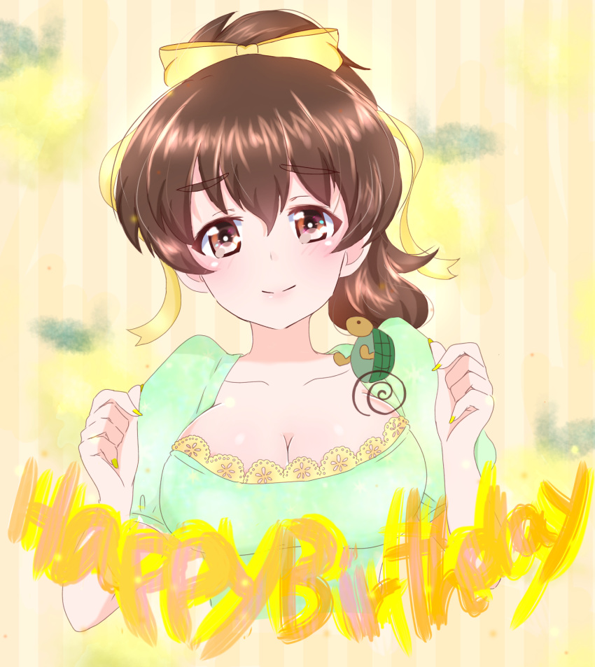 1girl bangs bow breasts brown_eyes brown_hair clenched_hands closed_mouth commentary dress emblem english eyebrows_visible_through_hair girls_und_panzer green_dress hair_bow hair_ribbon happy_birthday highres koyama_yuzu lace lace-trimmed_dress large_breasts lips looking_at_viewer medium_hair nail_polish pamchapyuzu puffy_short_sleeves puffy_sleeves ribbon short_ponytail short_sleeves smile solo turtle upper_body w_arms yellow_bow yellow_nails yellow_ribbon