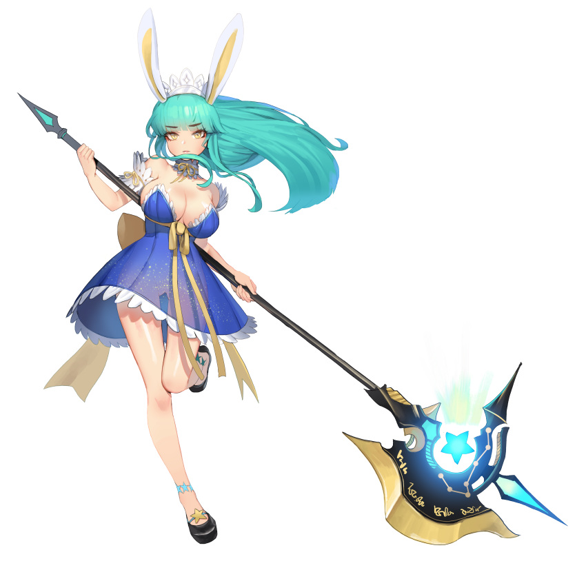 1girl absurdres animal_ears ankle_strap ass_visible_through_thighs bangs bare_shoulders blue_dress blue_hair breasts cleavage closed_mouth commission detached_collar detached_sleeves dress eyebrows_visible_through_hair full_body hairband halberd highres holding holding_weapon long_hair looking_at_viewer mary_janes no_panties original pigeon-toed polearm romana runes see-through shiny shiny_skin shoes short_sleeves sidelocks solo standing standing_on_one_leg star strapless thigh_gap weapon white_background yellow_eyes