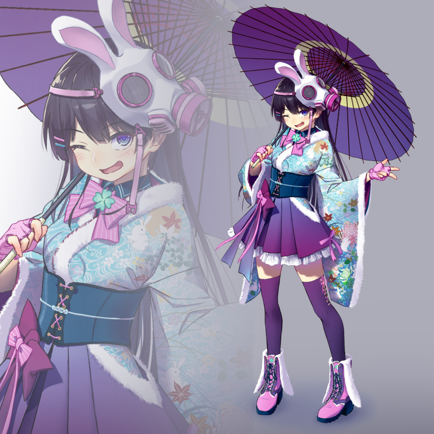 1girl black_hair blue_eyes clover cross-laced_footwear fingerless_gloves floral_print fur_trim gas_mask gloves highres holding holding_umbrella japanese_clothes kath kimono kimono_skirt long_hair looking_at_viewer nijisanji one_eye_closed open_mouth oriental_umbrella ribbon smile tagme thigh-highs tsukino_mito umbrella virtual_youtuber wide_sleeves zettai_ryouiki zoom_layer