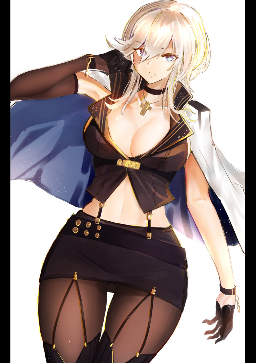 1girl azur_lane bangs black_gloves blue_eyes breasts choker cleavage crop_top cross cross_necklace eyebrows_visible_through_hair eyes_visible_through_hair facing_viewer gloves hair_between_eyes highres jacket_on_shoulders jewelry large_breasts looking_at_viewer midriff miniskirt navel necklace pantyhose pnatsu silver_hair skirt smile solo standing stomach strap suspender_skirt suspenders washington_(azur_lane)