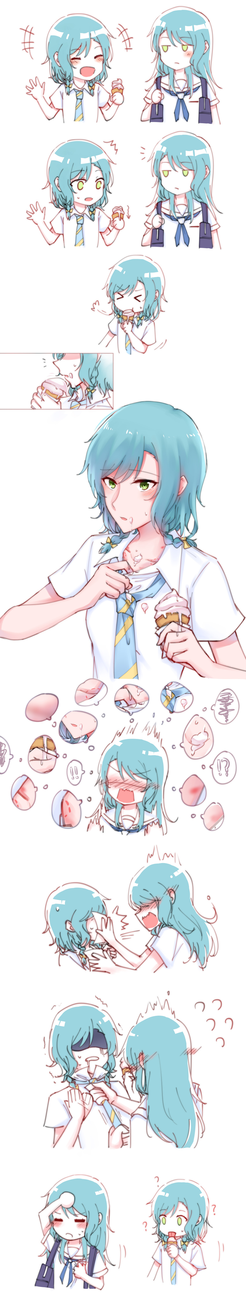 &gt;_&lt; 2girls :d absurdres adjusting_clothes adjusting_necktie aqua_hair bag bang_dream! bite_mark blush bow closed_eyes closed_mouth clothes_grab comic eating food grabbing green_eyes hair_ribbon highres hikawa_hina hikawa_sayo holding holding_food huge_filesize ice_cream incredibly_absurdres long_hair long_image looking_at_another multiple_girls necktie open_mouth print_neckwear ribbon school_bag school_uniform shirt short_hair short_sleeves siblings simple_background sisters smile spotlight_(artist) standing sweatdrop tall_image twins white_background yellow_bow yellow_ribbon yuri