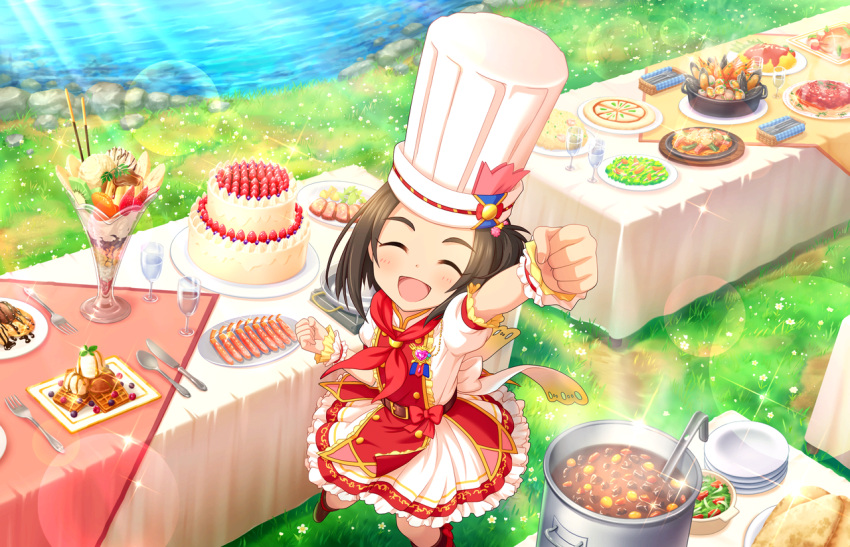 blush brown_hair chef chef_hat closed_eyes dress foods idolmaster idolmaster_cinderella_girls idolmaster_cinderella_girls_starlight_stage short_hair smile yanase_miyuki