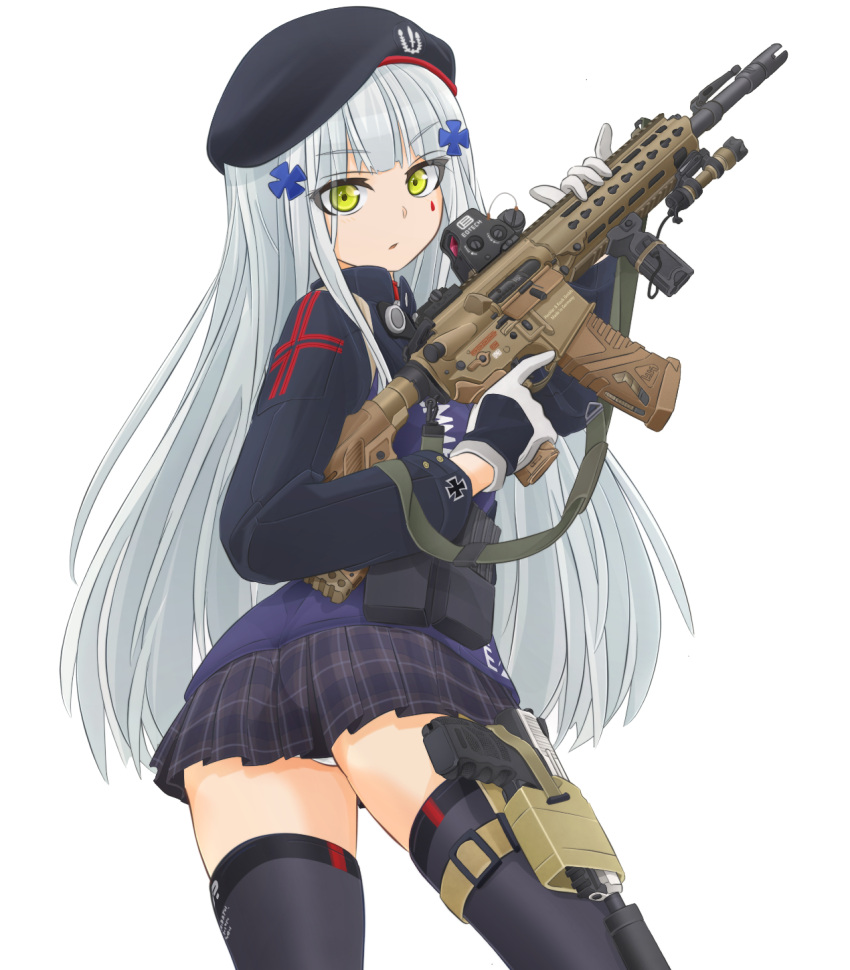 1girl ammunition_belt assault_rifle bangs beret black_hat black_jacket black_skirt blue_eyes blunt_bangs closed_mouth clothes_writing commentary_request emblem eyebrows_visible_through_hair facial_mark from_side frown girls_frontline gloves gun hair_ornament handgun hat heckler_&amp;_koch highres hk416 hk416_(girls_frontline) holding holster ichigotofu iron_cross jacket long_sleeves looking_at_viewer looking_back miniskirt panties pantyshot pantyshot_(standing) parted_lips plaid plaid_skirt pleated_skirt print_legwear rifle short_hair silver_hair simple_background skindentation skirt solo standing teardrop thigh-highs thigh_holster thighs trigger_discipline underwear weapon white_background white_gloves white_panties