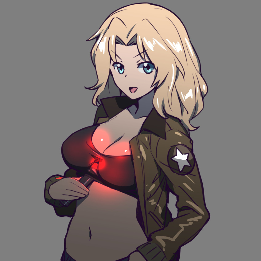 1girl between_breasts black_sports_bra blonde_hair blue_eyes breasts brown_jacket cleavage commentary emblem flashlight girls_und_panzer grey_background hair_intakes highres jacket kay_(girls_und_panzer) long_hair long_sleeves looking_at_viewer medium_breasts military military_uniform navel onsen_tamago_(hs_egg) open_clothes open_jacket open_mouth saunders_military_uniform simple_background smirk solo sports_bra standing star uniform upper_body v-shaped_eyebrows