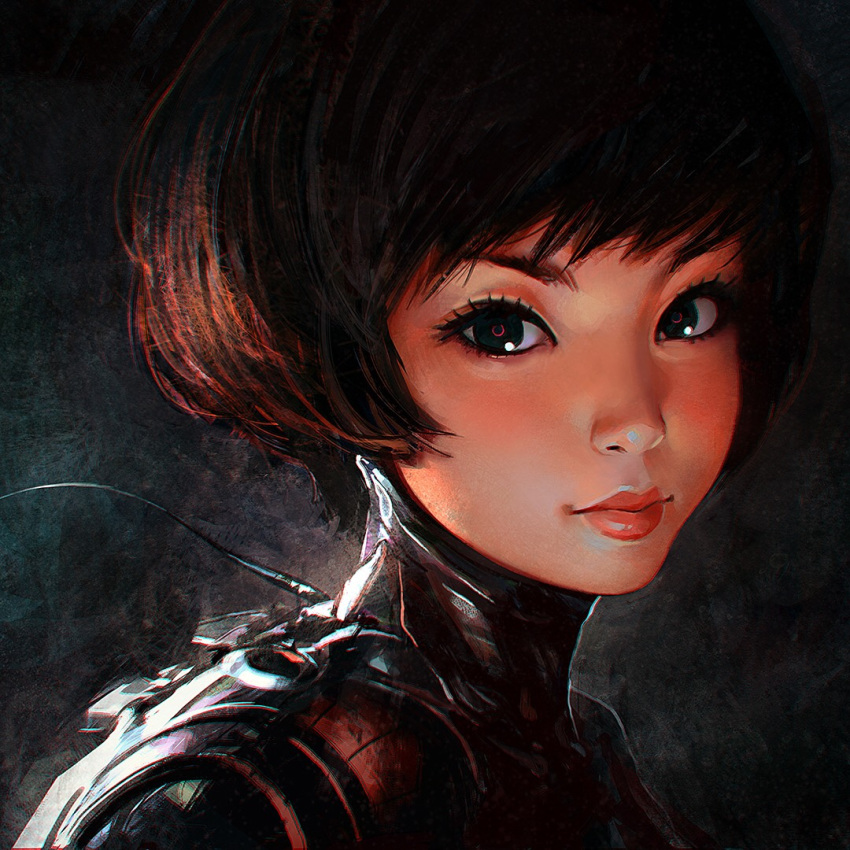 1girl black_eyes bodysuit brown_hair cable close-up closed_mouth face grey_background ilya_kuvshinov lips looking_at_viewer original short_hair solo