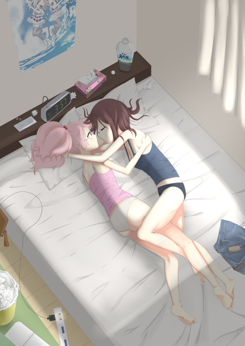 2girls absurdres ass bed black_panties blush breasts brown_hair cleavage closed_eyes funami_yui green_eyes hair_bobbles hair_ornament highres hug medium_breasts multiple_girls ochadzuke open_mouth panties pink_hair sleeping tank_top twintails underwear white_panties yoshikawa_chinatsu yuri yuru_yuri