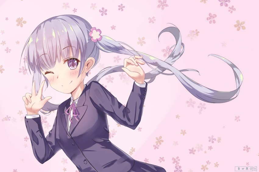 1girl ;) aoi_shiori blush flower formal hair_flower hair_ornament hands_up long_hair looking_at_viewer new_game! one_eye_closed pink_background purple_hair smile solo suit suzukaze_aoba twintails very_long_hair violet_eyes