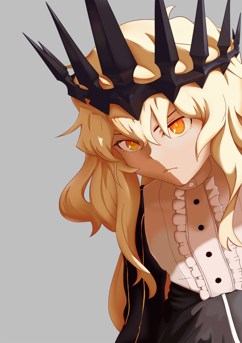 1girl black_rock_shooter blonde_hair buttons chariot_(black_rock_shooter) commentary crown dress grey_background highres ilwrs long_hair looking_at_viewer shadow simple_background solo yellow_eyes yellow_stripe