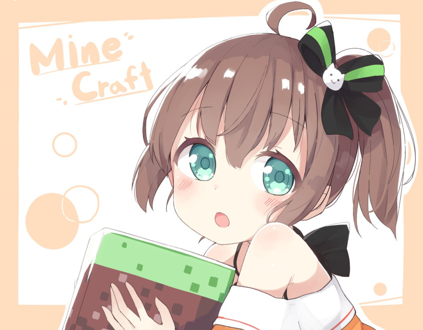 1girl ahoge blush brown_hair commentary_request cube hair_ribbon holding hololive looking_at_viewer minecraft natsuiro_matsuri okota_mikan open_mouth portrait ribbon short_hair side_ponytail solo