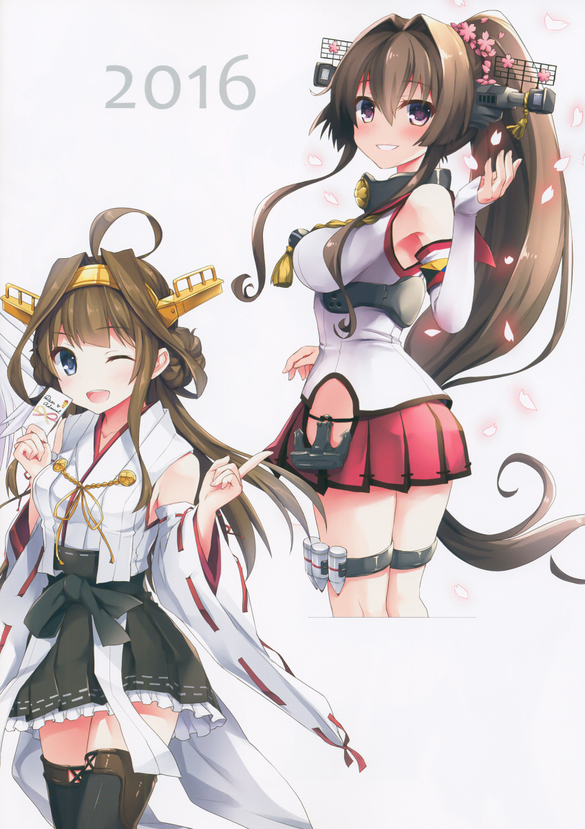 1girl 2girls ;d absurdres ahoge anchor bankoku_ayuya bare_shoulders blush breasts brown_hair cherry_blossoms detached_sleeves double_bun flower hair_flower hair_ornament hairband headgear highres japanese_clothes kantai_collection kongou_(kantai_collection) long_hair medium_breasts miniskirt multiple_girls nontraditional_miko one_eye_closed open_mouth pleated_skirt ponytail remodel_(kantai_collection) ribbon-trimmed_sleeves ribbon_trim scan single_thighhigh skirt smile thigh-highs yamato_(kantai_collection)