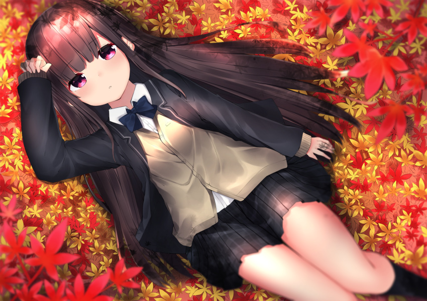 1girl autumn_leaves bangs black_jacket black_legwear black_skirt blazer blue_bow blurry blurry_foreground bow brown_cardigan brown_hair cardigan collared_shirt commentary_request day depth_of_field dress_shirt eyebrows_visible_through_hair highres jacket kneehighs leaf long_hair long_sleeves looking_at_viewer lying maple_leaf neku_(neku_draw) on_back open_blazer open_clothes open_jacket original outdoors parted_lips plaid plaid_skirt pleated_skirt red_eyes school_uniform shirt skirt sleeves_past_wrists solo very_long_hair white_shirt