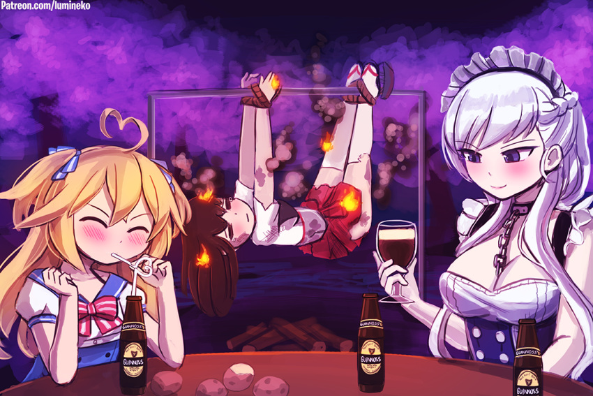 3girls =_= ahoge akagi_(kantai_collection) artist_name azur_lane beer_bottle belfast_(azur_lane) blonde_hair blush bound bound_ankles bound_wrists braid brand_name_imitation breasts broken broken_chain brown_hair burning burnt_clothes chain chains cleavage collar commentary cup drinking_glass eyebrows_visible_through_hair fire french_braid guinness_(beer) hair_ribbon heart_ahoge holding holding_cup kantai_collection large_breasts log long_hair lumineko maid maid_headdress multiple_girls muneate no_gloves o'bannon_(zhan_jian_shao_nyu) potato ribbon roasting short_sleeves smoke straw tears thigh-highs torn_clothes trait_connection two_side_up violet_eyes white_hair white_legwear wine_glass you're_doing_it_wrong zhan_jian_shao_nyu