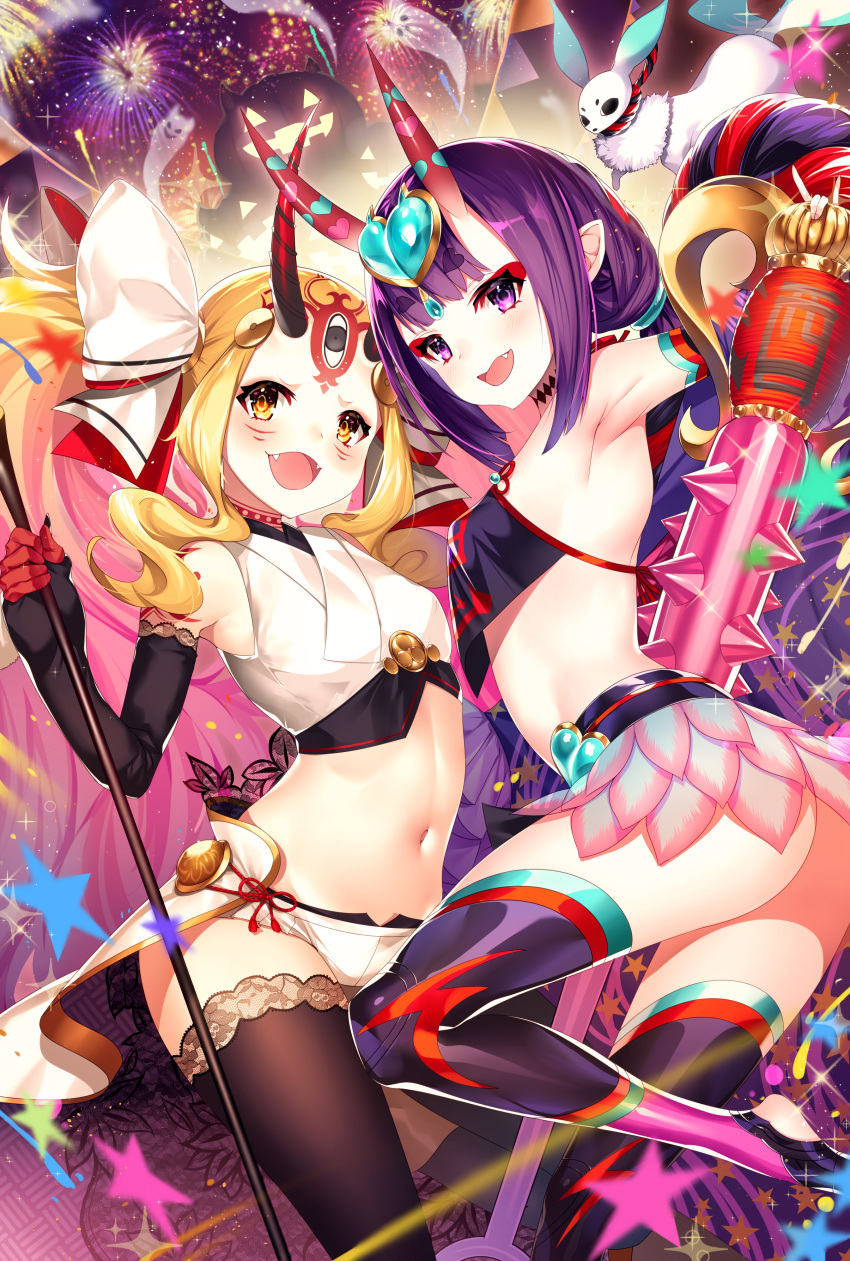 2girls :d \m/ absurdres aerial_fireworks ass black_gloves blonde_hair blurry blurry_background blush breasts brown_eyes brown_legwear creature crop_top depth_of_field dudou elbow_gloves facial_mark fangs fate/grand_order fate_(series) fingerless_gloves fingernails fireworks forehead_mark gloves halloween hamada_pochiwo headpiece heart highres horns huge_filesize ibaraki_douji_(fate/grand_order) jack-o'-lantern lace lace-trimmed_thighhighs long_hair micro_shorts midriff multiple_girls navel oni oni_horns open_mouth purple_hair purple_legwear shorts shuten_douji_(fate/grand_order) shuten_douji_(halloween)_(fate) sidelocks small_breasts smile spikes stirrup_legwear thigh-highs toeless_legwear twintails very_long_hair violet_eyes white_shorts