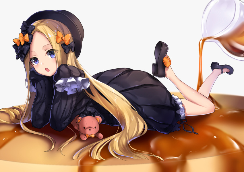 1girl abigail_williams_(fate/grand_order) bangs black_bow black_dress black_footwear black_hat blonde_hair bloomers blue_eyes bow bug butterfly dress eyebrows_visible_through_hair fate/grand_order fate_(series) food forehead hair_bow hands_up hane_yuki hat head_tilt highres insect legs_up long_hair long_sleeves looking_at_viewer lying mary_janes on_stomach open_mouth orange_bow pancake parted_bangs polka_dot polka_dot_bow shoe_soles shoes sleeves_past_fingers sleeves_past_wrists solo stuffed_animal stuffed_toy syrup teddy_bear underwear very_long_hair white_background white_bloomers