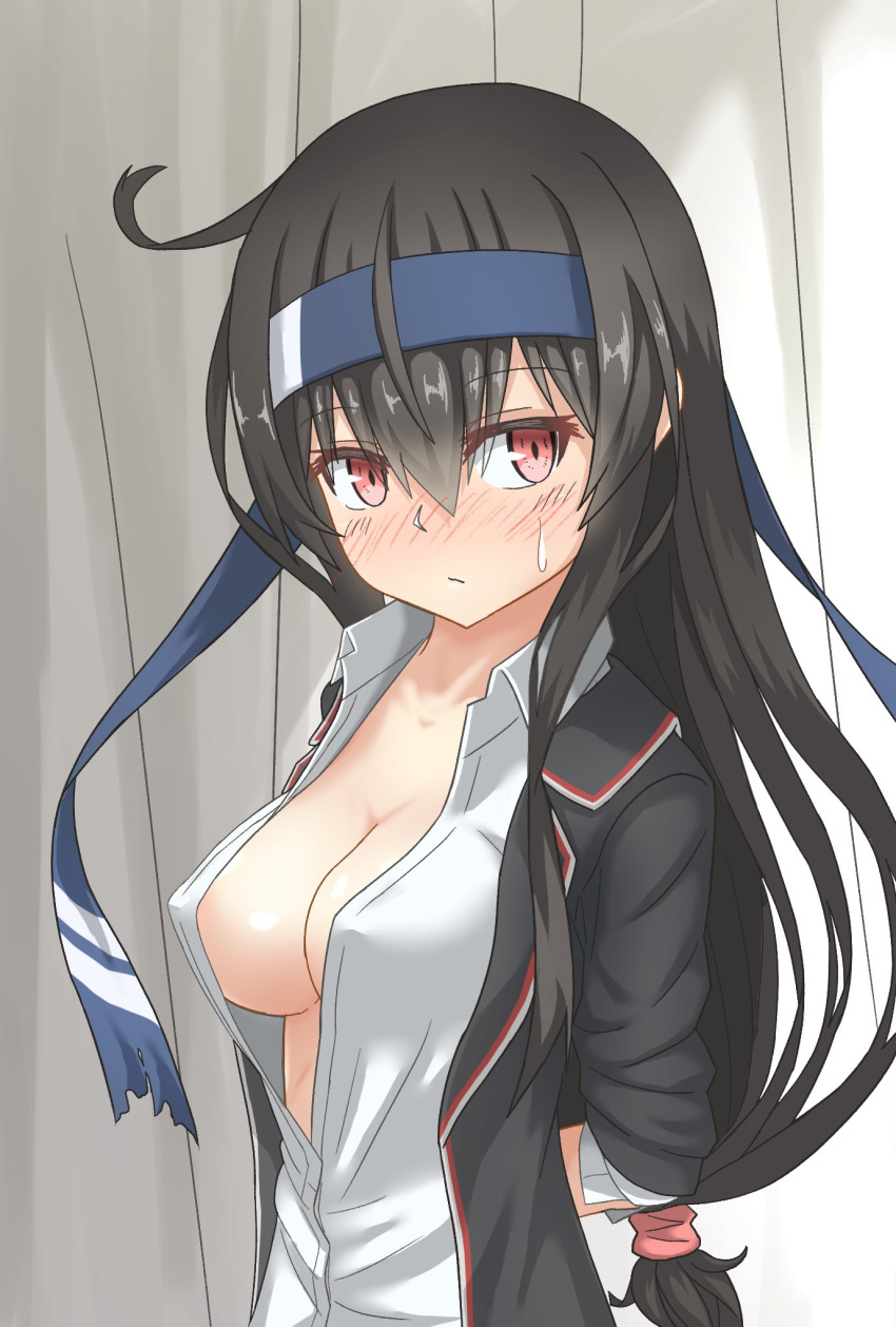1girl arms_behind_back black_hair black_legwear blazer blue_headband breasts cleavage commentary_request cowboy_shot curtains eyebrows_visible_through_hair hatsushimo_(kantai_collection) highres jacket kantai_collection long_hair looking_at_viewer low-tied_long_hair medium_breasts no_bra open_clothes solo umino_ht upper_body