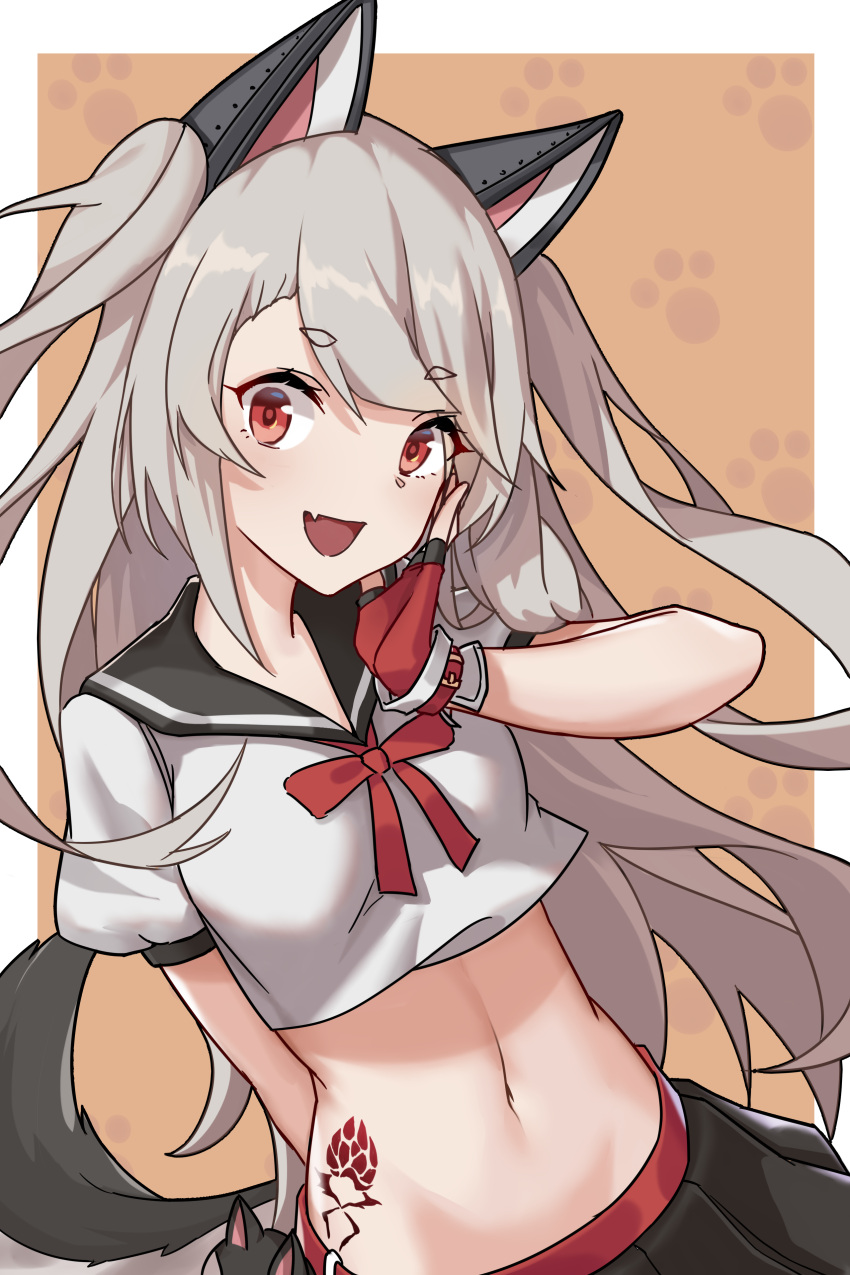 1girl absurdres animal_ears azur_lane bangs commentary_request devil-dantake eyebrows_visible_through_hair fang fingerless_gloves gloves grey_hair hand_on_own_face highres long_hair looking_at_viewer midriff navel open_mouth pleated_skirt red_eyes school_uniform serafuku skirt smile solo tail tattoo two_side_up yuudachi_(azur_lane)