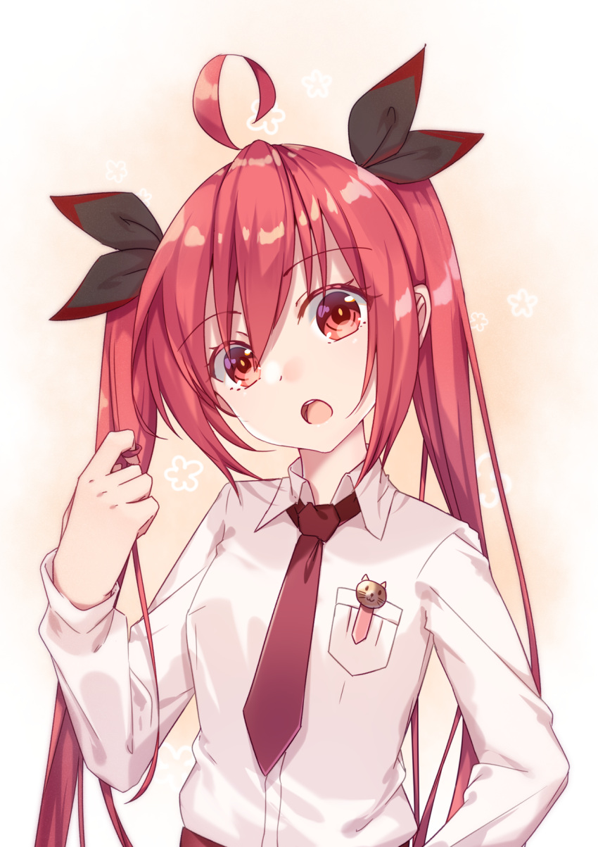 1girl :o collared_shirt commentary_request date_a_live hair_between_eyes hair_ribbon highres itsuka_kotori long_hair long_sleeves mo_(pixiv9929995) necktie red_eyes red_neckwear redhead ribbon shirt solo twintails upper_body upper_teeth very_long_hair white_shirt