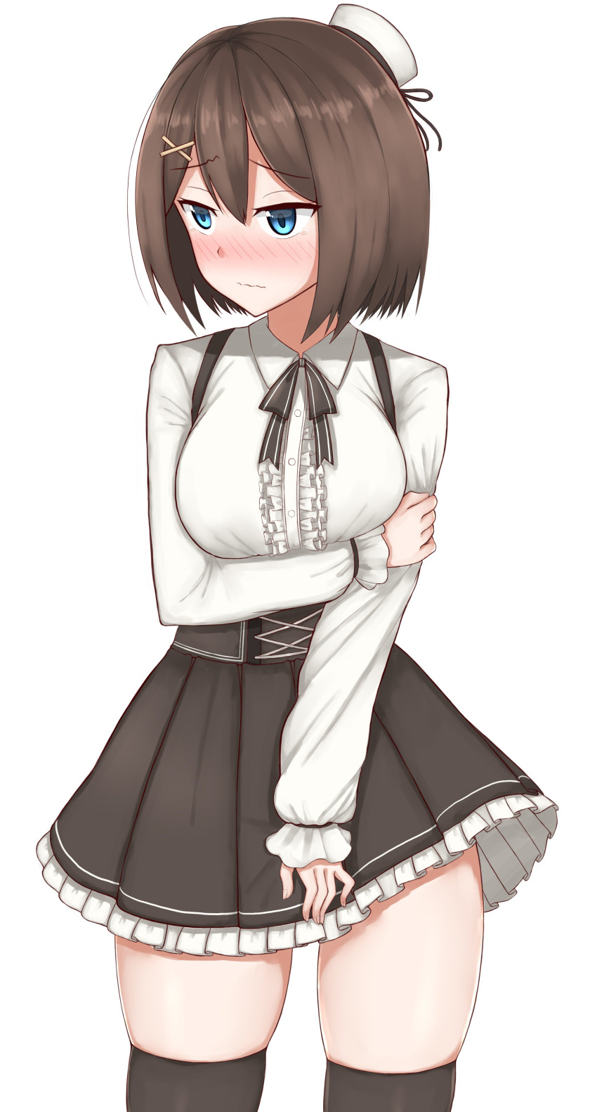 1girl absurdres black_legwear blue_eyes brown_hair commentary_request dress embarrassed frilled_dress frills hair_ornament hairclip hat highres kantai_collection looking_to_the_side maya_(kantai_collection) meme_attire short_hair simple_background solo standing thigh-highs tiemu_(man190) virgin_killer_outfit white_background white_hat x_hair_ornament