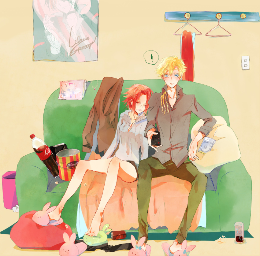 ! 1boy 1girl alternate_costume animal_slippers bare_legs blonde_hair closed_eyes code_geass food full_body gino_weinberg ilohasvio indoors kallen_stadtfeld leaning_on_person messy_hair open_mouth popcorn redhead short_hair sitting sleeping sleeping_on_person sleeping_upright slippers spoken_exclamation_mark surprised