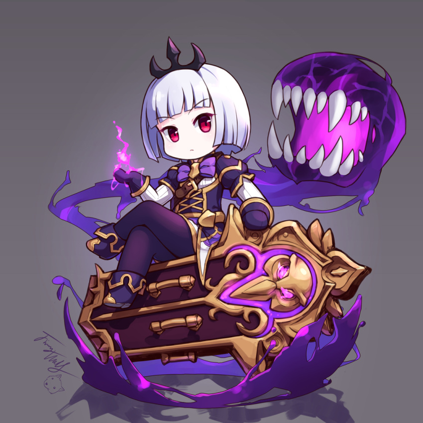 1girl bangs blunt_bangs bob_cut boots bow brown_background chibi closed_mouth commentary_request dress gloves head_tilt headpiece heroes_of_the_storm langbazi legs_crossed looking_at_viewer orphea_(heroes_of_the_storm) pantyhose puffy_short_sleeves puffy_sleeves purple_bow purple_dress purple_footwear purple_gloves purple_legwear red_eyes shadow sharp_teeth shirt short_sleeves signature simple_background sitting solo teeth v-shaped_eyebrows white_hair white_shirt