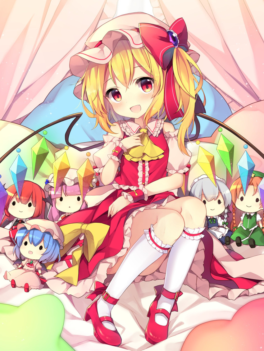 1girl :d apron ascot bangs bat_wings bed_sheet beret black_footwear black_vest blonde_hair blue_dress blue_hair blunt_bangs blush bow bowtie braid brooch center_frills character_doll commentary_request crescent crescent_hair_ornament crystal curtains demon_wings detached_sleeves dress eyebrows_visible_through_hair fang flandre_scarlet frilled_apron frilled_shirt_collar frills green_bow green_hat green_neckwear green_skirt green_vest hair_between_eyes hair_bow hair_ornament hand_up hat hat_bow hat_ribbon head_wings high_heels highres hong_meiling izayoi_sakuya jewelry kneehighs koakuma leg_garter long_hair looking_at_viewer maid_apron maid_headdress mary_janes mob_cap one_side_up open_mouth orange_hair patchouli_knowledge petticoat pillow pink_dress pink_hat puffy_short_sleeves puffy_sleeves purple_hair red_bow red_eyes red_footwear red_neckwear red_ribbon red_skirt red_vest redhead remilia_scarlet ribbon ruhika shirt shoes short_hair short_sleeves silver_hair sitting skirt skirt_set smile solo star touhou twin_braids very_long_hair vest waist_apron white_apron white_hat white_legwear white_shirt wings wrist_cuffs yellow_bow