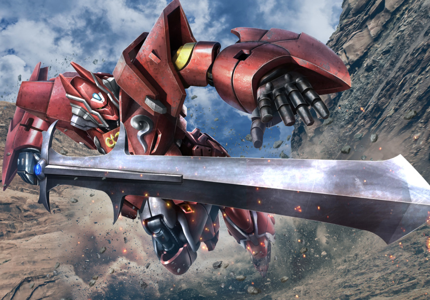 clouds commentary_request damaged dirty dust dutch_angle galient gem glowing hiropon_(tasogare_no_puu) kikou-kai_galient magic mecha perspective photo_background realistic redesign rock science_fiction super_robot sword weapon whip_sword