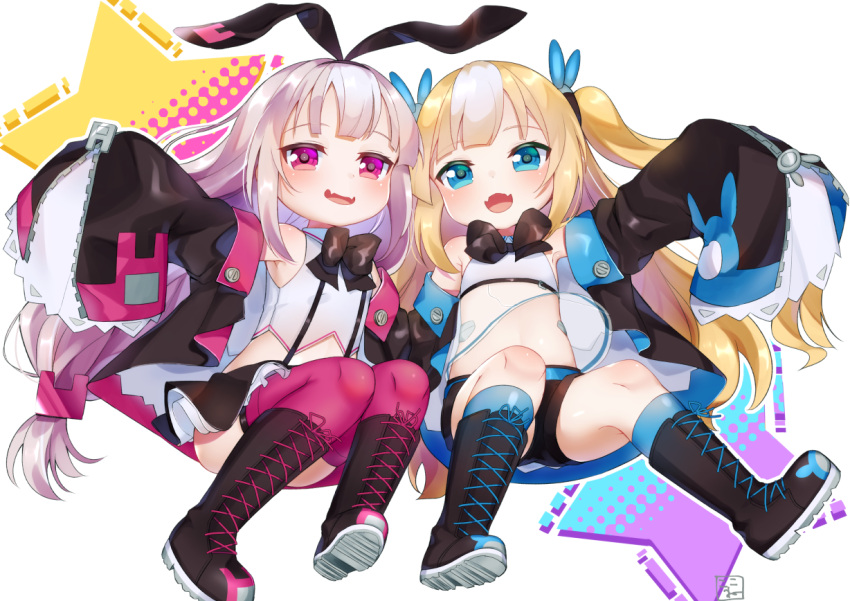 2girls :d azur_lane bangs bare_shoulders black_bow black_footwear black_hairband black_ribbon black_shorts black_skirt black_sleeves blonde_hair blue_eyes blue_legwear blush boots bow commentary_request cross-laced_footwear detached_sleeves fangs hair_ornament hair_ribbon hairband hobby_(azur_lane) kalk_(azur_lane) knee_boots kneehighs koko_ne_(user_fpm6842) lace-up_boots light_brown_hair long_hair long_sleeves looking_at_viewer multicolored_hair multiple_girls open_mouth pleated_skirt purple_legwear ribbon see-through shirt shoe_soles short_shorts shorts skirt sleeveless sleeveless_shirt sleeves_past_fingers sleeves_past_wrists smile star streaked_hair suspender_skirt suspenders thigh-highs thighhighs_under_boots very_long_hair violet_eyes white_hair white_shirt