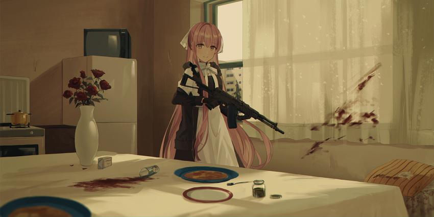1girl apron bangs black_gloves black_jacket black_skirt blood bow brown_eyes building chihuri closed_mouth commentary_request curtains dress_shirt eyebrows_visible_through_hair flower food fork gloves gun hair_between_eyes hair_ribbon holding holding_gun holding_weapon indoors jacket long_hair long_sleeves open_clothes open_jacket original pillow pink_hair plate puffy_short_sleeves puffy_sleeves red_flower red_rose ribbon rose shirt short_over_long_sleeves short_sleeves skirt sky smile solo standing stove table television transparent vase very_long_hair weapon weapon_request white_apron white_bow white_ribbon white_shirt window