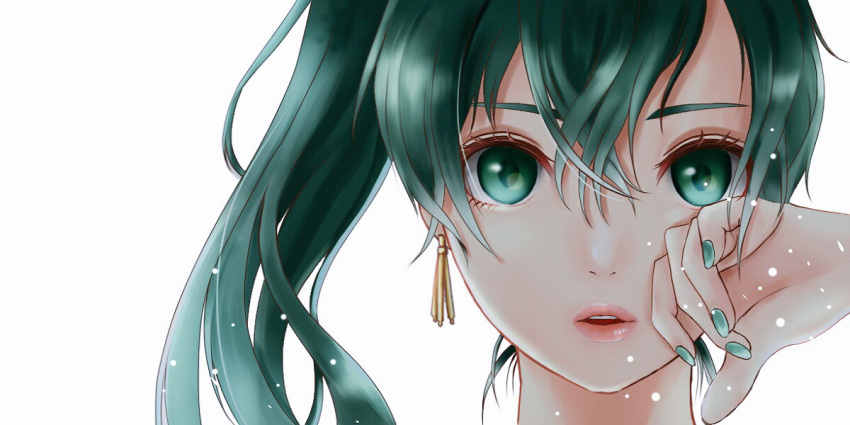 1girl close-up earrings face fire_emblem fire_emblem:_rekka_no_ken green_eyes green_hair green_nails hand_on_own_face jewelry lips long_hair lyndis_(fire_emblem) nail_polish nintendo nuts0415 open_mouth ponytail simple_background solo white_background