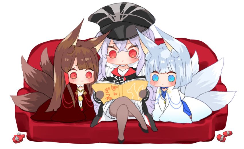 3girls akagi_(azur_lane) animal_ear_fluff animal_ears azur_lane blue_eyes blush book chibi commentary_request couch fox_ears fox_girl fox_tail graf_zeppelin_(azur_lane) hair_tubes hat iron_cross japanese_clothes kaga_(azur_lane) legs_crossed long_hair multiple_girls multiple_tails pantyhose peaked_cap putimaxi reading red_eyes short_hair silver_hair slippers tail tears younger