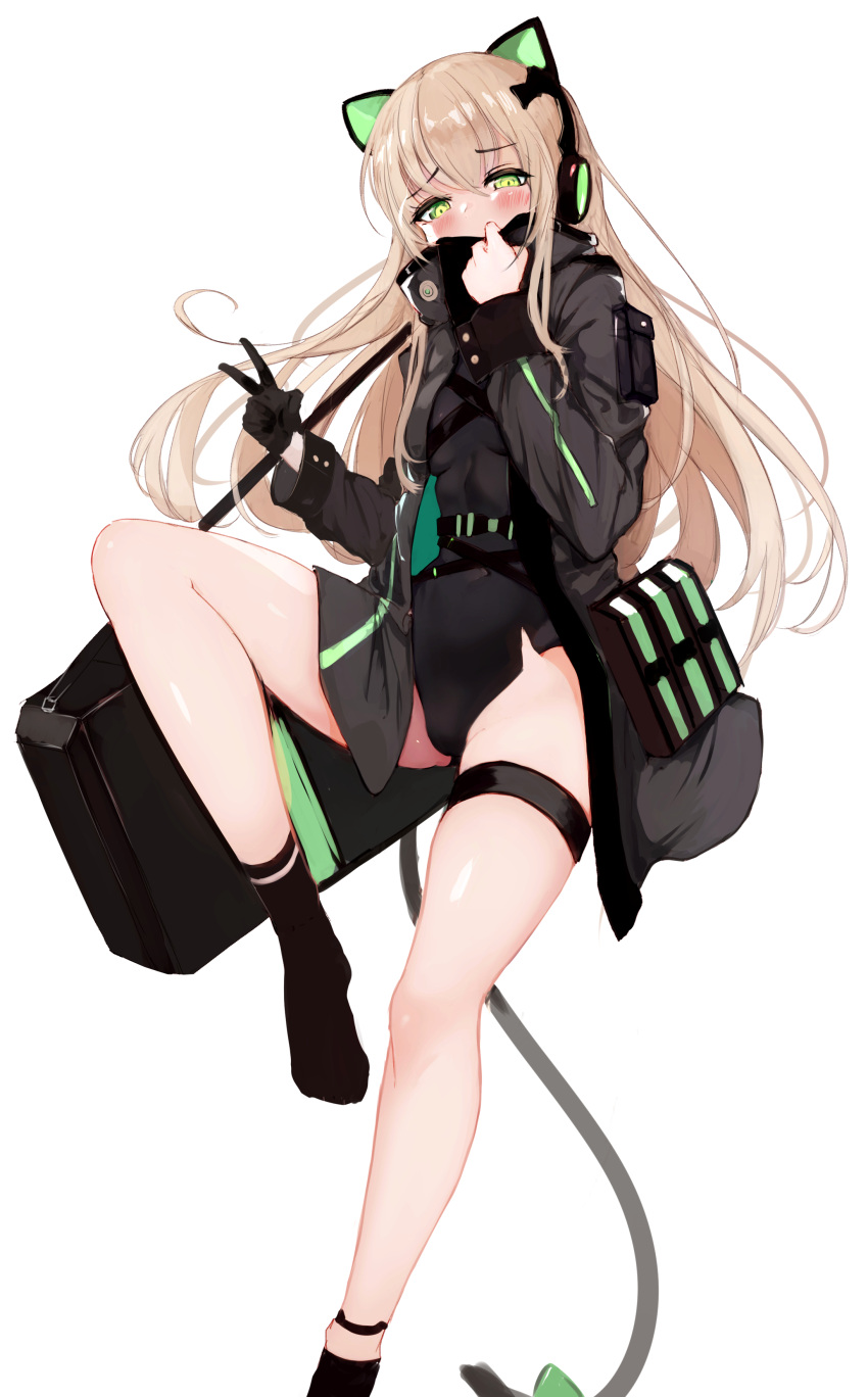 1girl absurdres animal_ears bangs black_coat black_legwear blonde_hair blush bow breasts cat_ear_headphones cat_ears cat_tail coat covering_mouth eyebrows_visible_through_hair girls_frontline gloves green_eyes hair_between_eyes hand_up headphones highres homo_1121 knee_up leotard long_hair looking_at_viewer open_clothes open_coat sidelocks simple_background sitting socks solo tail thigh_strap tmp_(girls_frontline) v very_long_hair weapon_case white_background