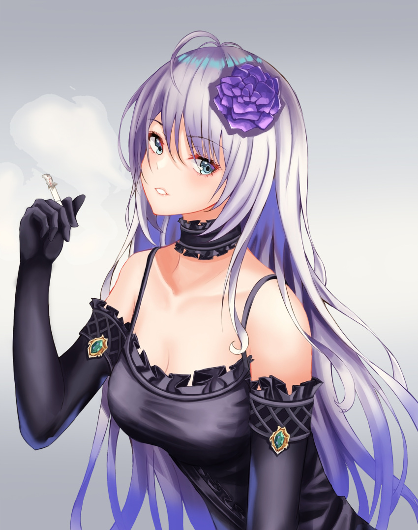 1girl ahoge aqua_eyes bangs bare_shoulders black_choker black_dress black_gloves breasts choker cigarette cleavage cup6542 dress elbow_gloves eyebrows_visible_through_hair flower frilled_choker frilled_dress frilled_gloves frills gem gloves hair_flower hair_ornament hand_up head_tilt highres holding holding_cigarette leaning_forward long_hair looking_to_the_side medium_breasts original parted_lips sidelocks silver_hair simple_background smoke smoking solo spaghetti_strap teeth upper_body very_long_hair