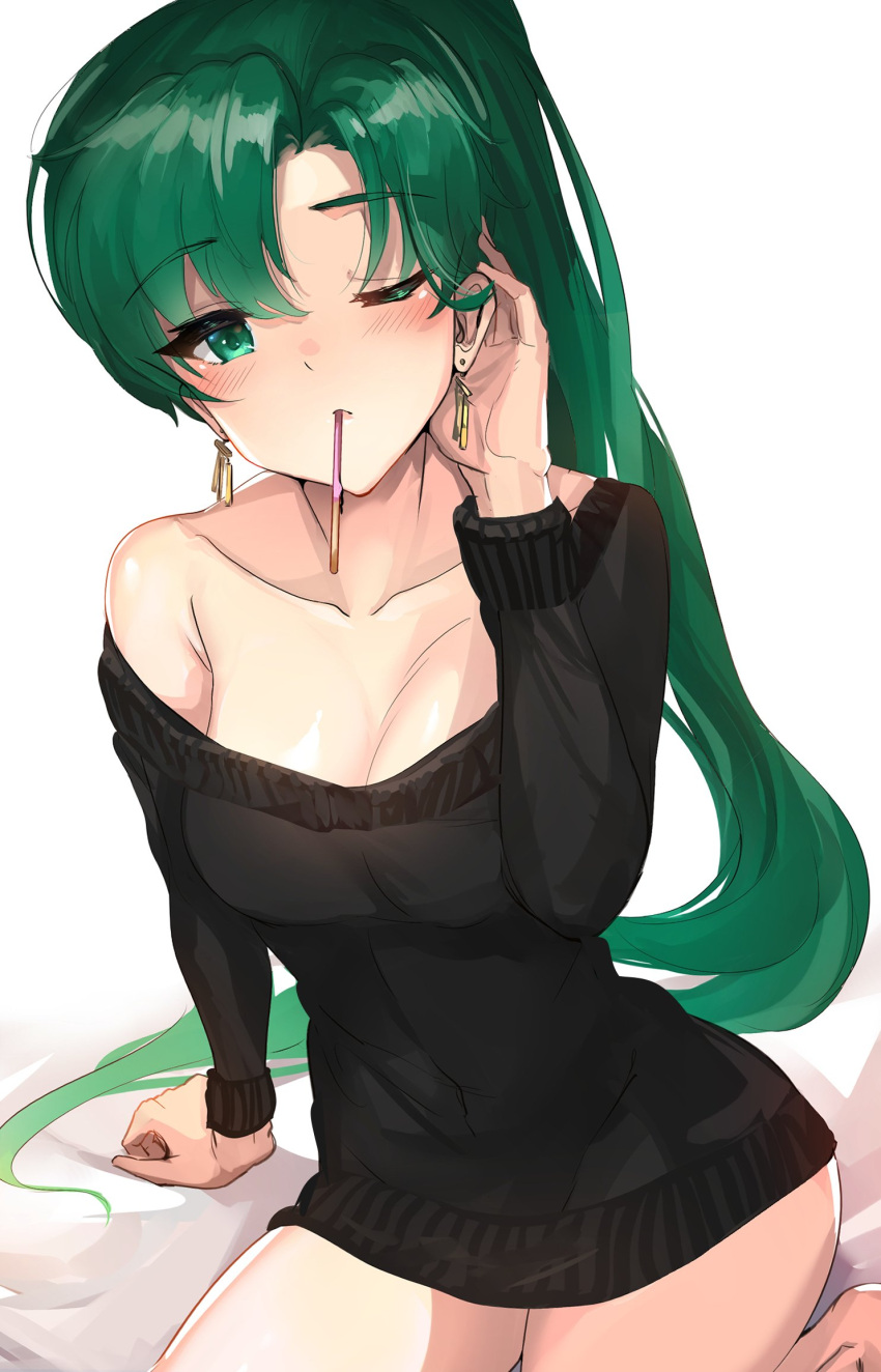 1girl blush candy earrings eating fire_emblem fire_emblem:_rekka_no_ken food green_eyes green_hair high_ponytail highres jewelry long_hair looking_at_viewer lyndis_(fire_emblem) mouth_hold nintendo ormille pocky pocky_day pocky_kiss ponytail shared_food solo sweater