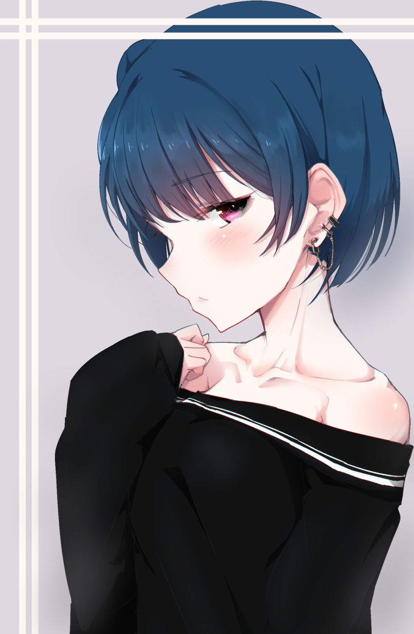 1girl alternate_hair_length alternate_hairstyle bangs bare_shoulders black_shirt blue_hair blush clenched_hand collarbone commentary_request ear_piercing earrings grey_background half-closed_eyes hand_on_own_chest hand_up highres jewelry looking_at_viewer love_live! love_live!_sunshine!! nasuno_(nasuno42) off-shoulder_shirt piercing shirt short_hair solo tsushima_yoshiko upper_body violet_eyes