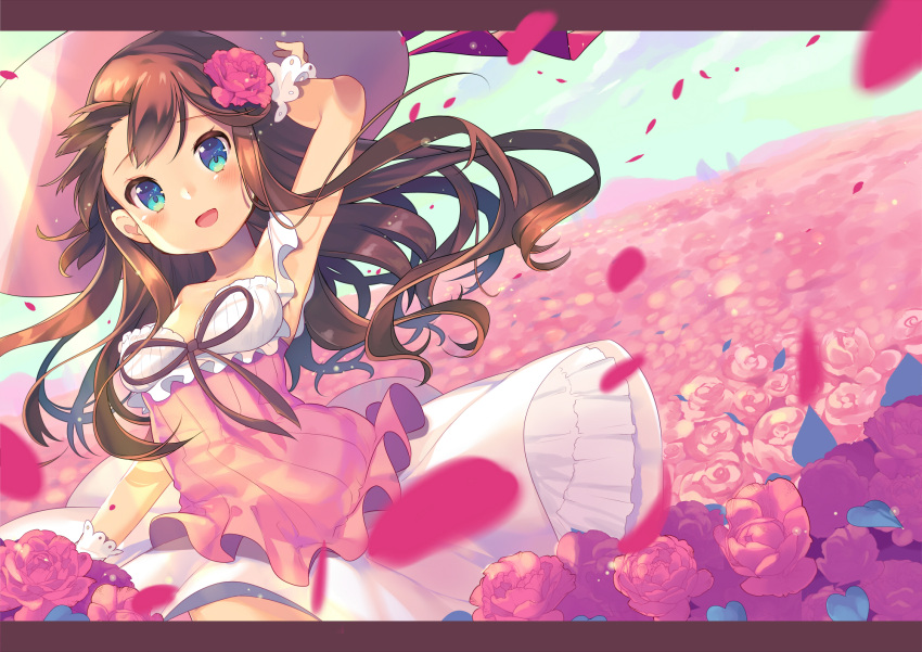 1girl :d aqua_eyes arm_up armpits bangs blush breasts brown_hair brown_neckwear commentary_request cover cover_page day doujin_cover dress field flower flower_field hair_flower hair_ornament hat highres ikari_(aor3507) letterboxed long_hair looking_at_viewer neck_ribbon open_mouth original outdoors petals pink_flower pink_rose ribbon rose small_breasts smile solo wrist_cuffs