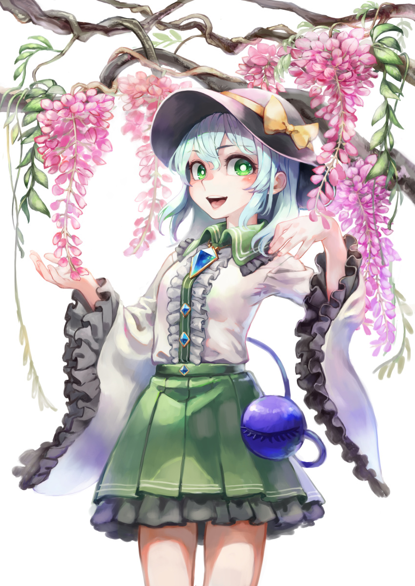 1girl absurdres adapted_costume aqua_hair black_hat bow branch bright_pupils brooch center_frills cowboy_shot fingernails flower frilled_skirt frilled_sleeves frills green_eyes green_skirt hair_between_eyes hands_up hat hat_bow highres jewelry komeiji_koishi kukkuru long_sleeves looking_at_viewer medium_hair miniskirt open_mouth pleated_skirt shirt simple_background skirt smile solo standing third_eye touhou white_background white_pupils white_shirt wide_sleeves wisteria yellow_bow