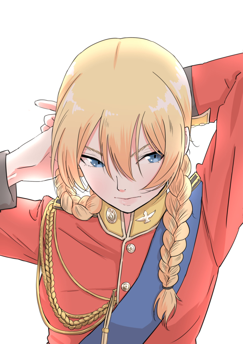 1girl adjusting_hair aiguillette arms_behind_head bangs birthday blonde_hair blue_eyes braid closed_mouth commentary darjeeling dress_uniform emblem epaulettes frown girls_und_panzer happy_birthday highres jacket lips long_sleeves looking_back military military_uniform oze_(xyz_go_go11) red_jacket sash short_hair simple_background solo st._gloriana's_military_uniform twin_braids tying_hair uniform upper_body white_background