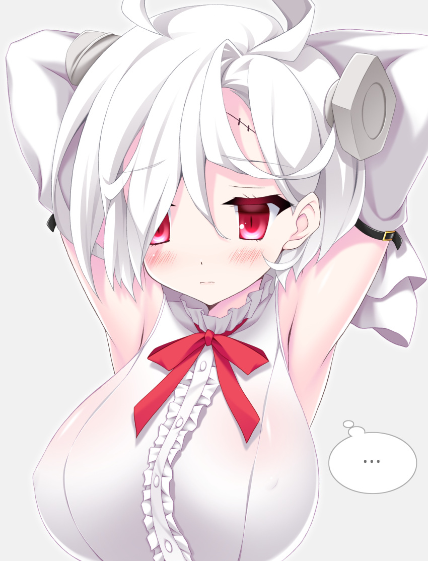 ... 1girl ahoge armpits arms_up azur_lane bangs bare_shoulders blush bolt bow breasts center_frills closed_mouth commentary_request detached_sleeves eyebrows_visible_through_hair frills grey_background hair_between_eyes highres large_breasts long_sleeves looking_at_viewer red_bow red_eyes simple_background solo spoken_ellipsis taira_takehiro terror_(azur_lane) thought_bubble upper_body white_hair white_sleeves