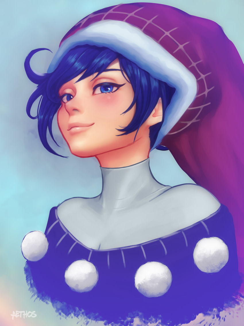 1girl absurdres aethos artist_name black_dress blue_eyes blue_hair closed_mouth doremy_sweet dress eyelashes half-closed_eyes hat highres lips looking_at_viewer nightcap nose pom_pom_(clothes) red_hat short_hair smile smug solo touhou turtleneck upper_body