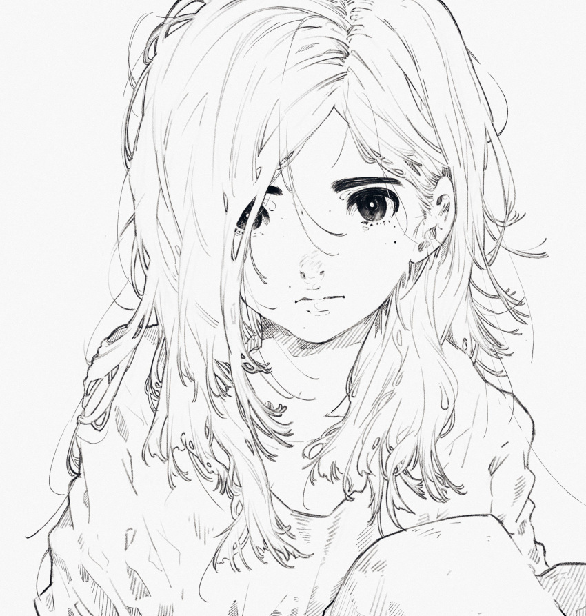 1girl closed_mouth daruma_owl greyscale hair_over_one_eye highres long_hair looking_at_viewer monochrome original simple_background solo white_background