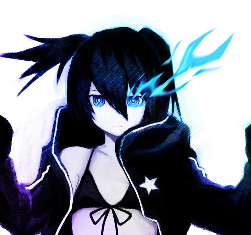 1girl absurdres bikini_top black_gloves black_hair black_rock_shooter black_rock_shooter_(character) blue_eyes blue_fire burning_eye coat fire gloves hair_between_eyes highres huge_filesize looking_at_viewer pale_skin shoulders star twintails uneven_twintails watalgear white_background