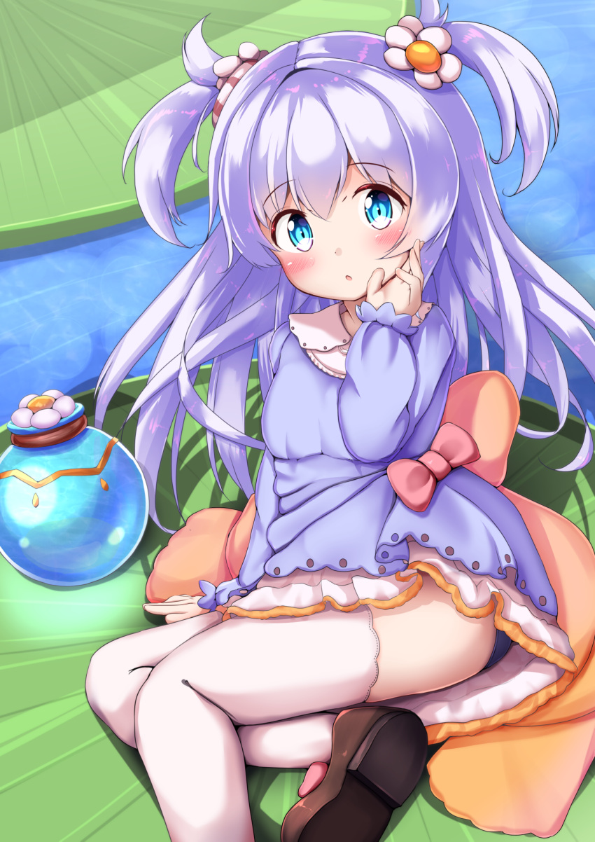 1girl :o baikamo_(flower_knight_girl) bangs blue_eyes blue_shirt blush bow brown_footwear commentary_request day eyebrows_visible_through_hair flower flower_knight_girl hair_between_eyes hair_flower hair_ornament hand_up highres lily_pad long_hair long_sleeves looking_at_viewer mochiyuki outdoors parted_lips puffy_long_sleeves puffy_sleeves purple_hair red_bow shirt shoe_soles shoes skirt sleeves_past_wrists solo thigh-highs two_side_up very_long_hair water white_flower white_legwear white_skirt